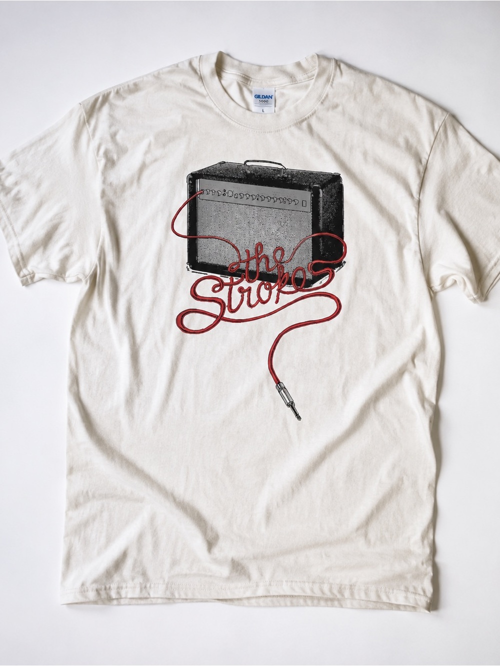 Gildan Cream Graphic Tee with Red Script and Black Ampplier Art